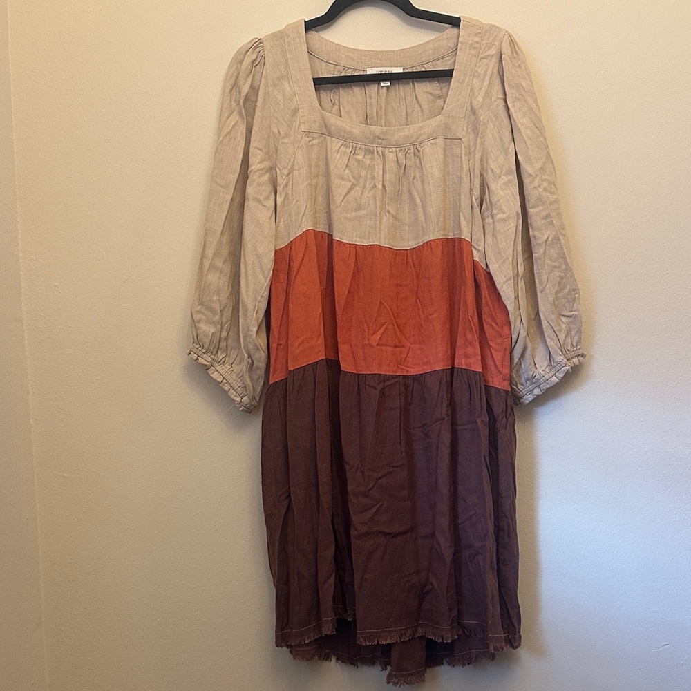 Umgee‎ Beige Brown Loose Dress Frayed Hem 1XL Cinched Sleeves Cottage Core Fall